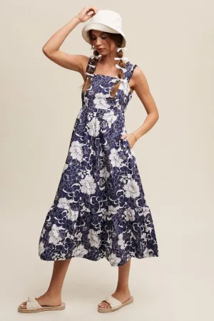 Navy Floral V-neck smocked back midi dress