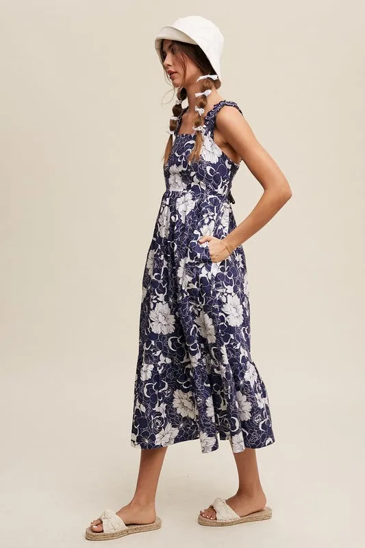 Navy Floral V-neck smocked back midi dress