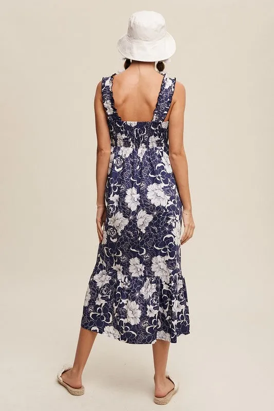 Navy Floral V-neck smocked back midi dress