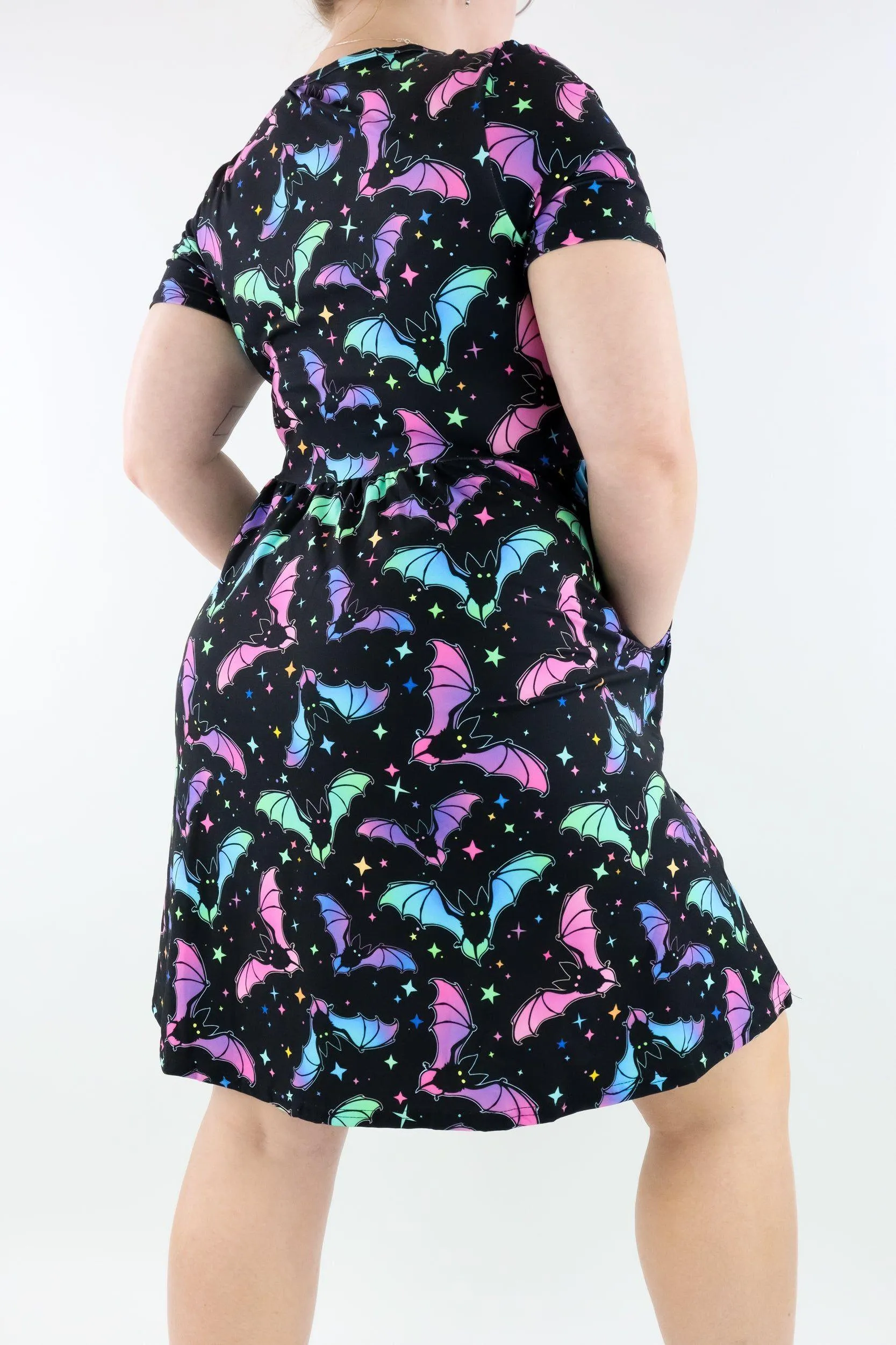 Neon Bats - Short Sleeve Skater Dress - Knee Length - Side Pockets