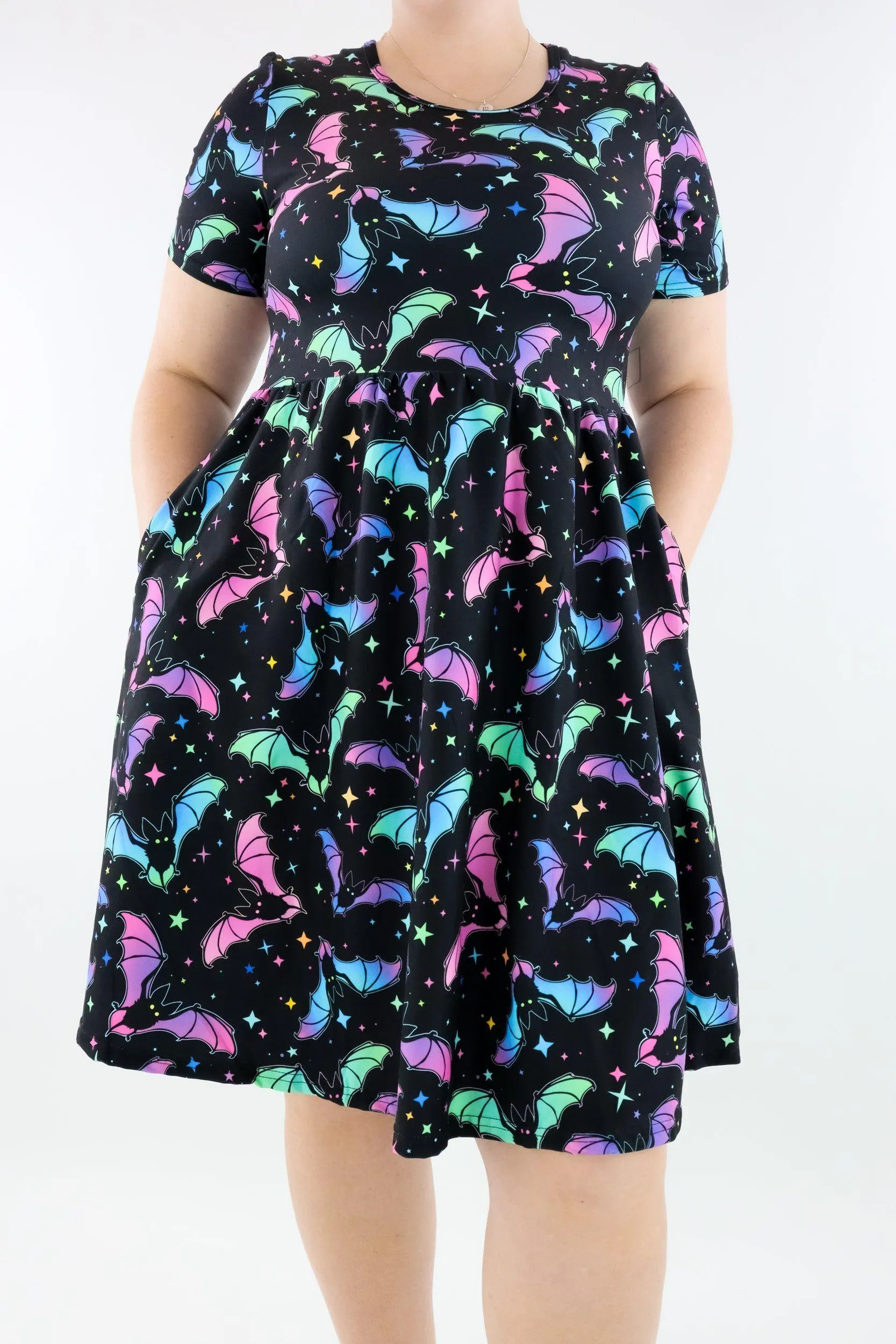 Neon Bats - Short Sleeve Skater Dress - Knee Length - Side Pockets