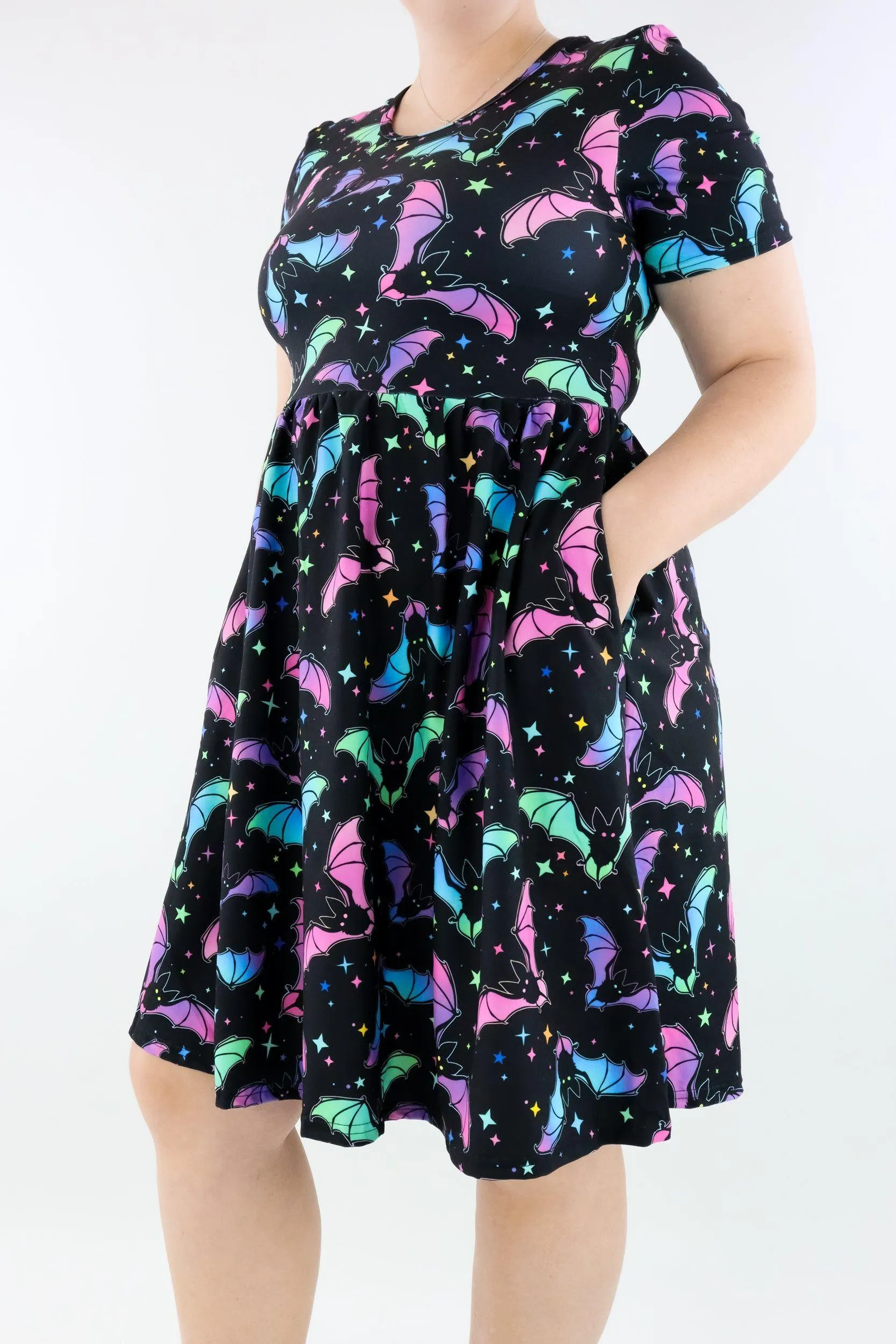 Neon Bats - Short Sleeve Skater Dress - Knee Length - Side Pockets