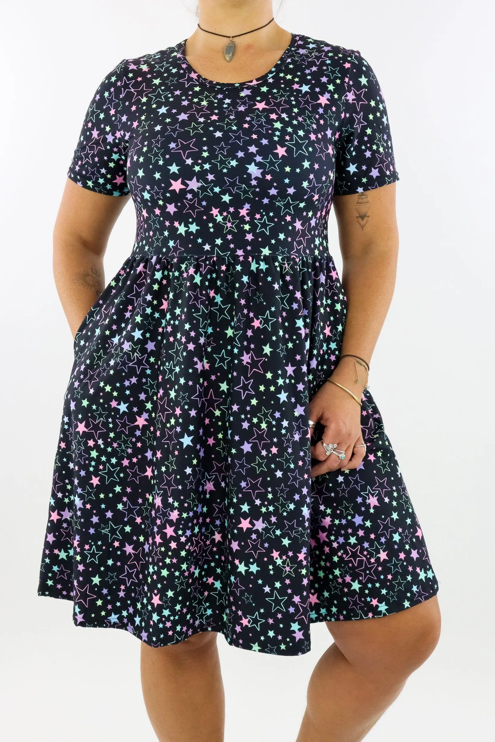 Neon Stars - Short Sleeve Skater Dress - Knee Length - Side Pockets