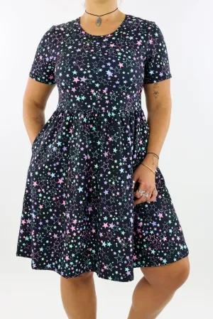 Neon Stars - Short Sleeve Skater Dress - Knee Length - Side Pockets