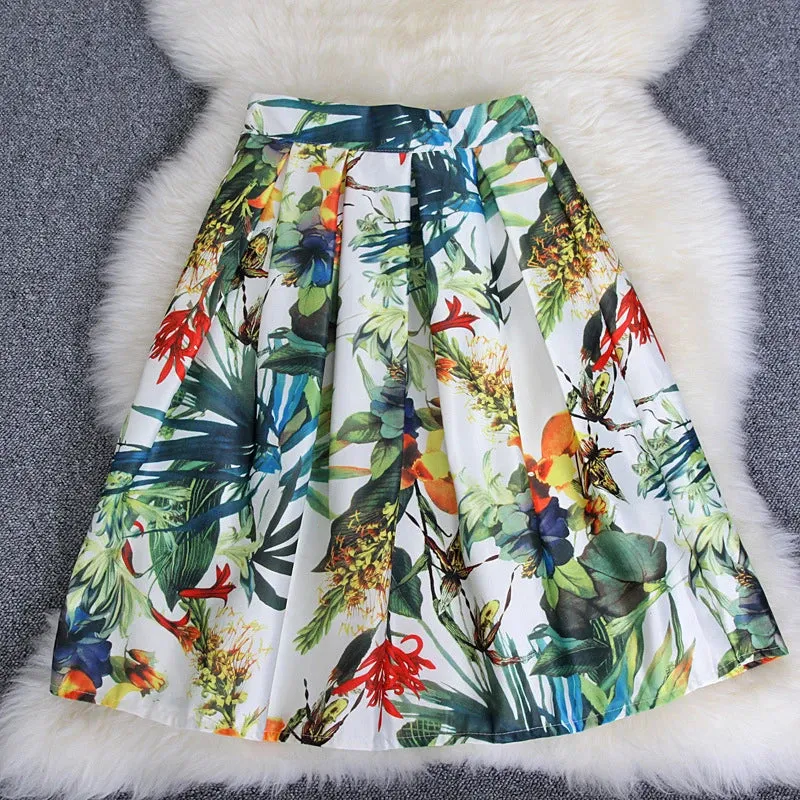 Neophil 2023 Fashion Hot Tropical Floral Print High Waist Fluffy Pleated Saias Flare Satin Tutu Midi Skater Skirts Womens S07047