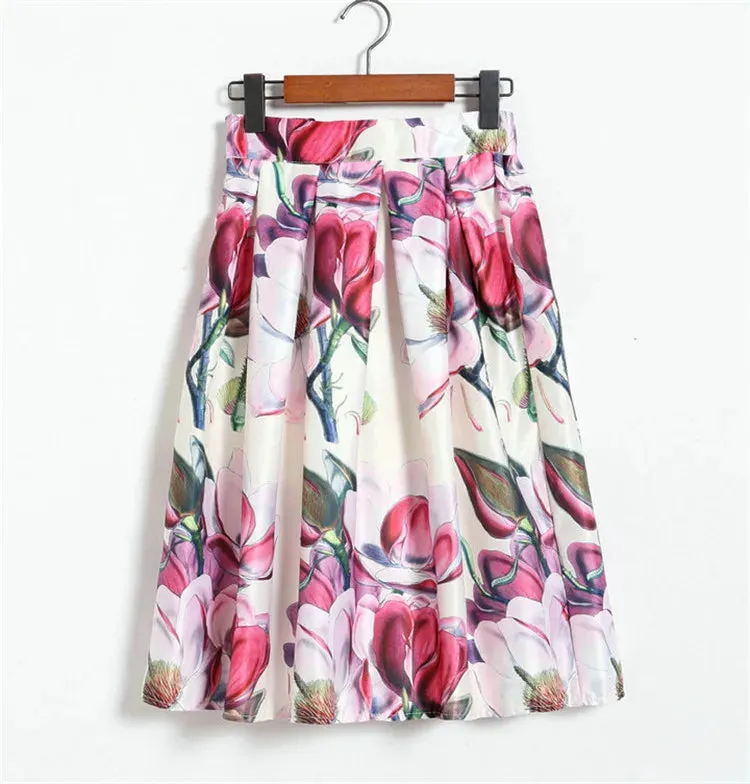Neophil 2023 Fashion Hot Tropical Floral Print High Waist Fluffy Pleated Saias Flare Satin Tutu Midi Skater Skirts Womens S07047