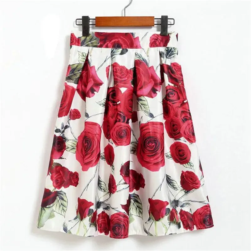 Neophil 2023 Fashion Hot Tropical Floral Print High Waist Fluffy Pleated Saias Flare Satin Tutu Midi Skater Skirts Womens S07047