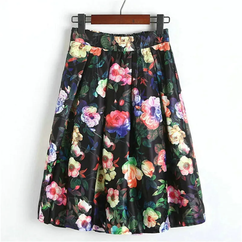 Neophil 2023 Fashion Hot Tropical Floral Print High Waist Fluffy Pleated Saias Flare Satin Tutu Midi Skater Skirts Womens S07047