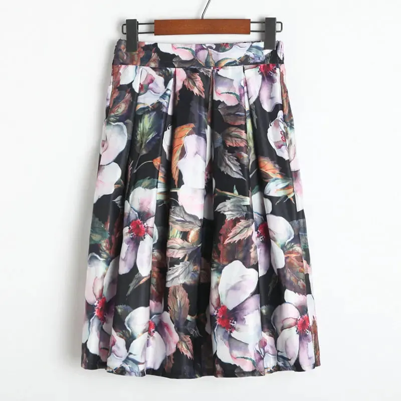 Neophil 2023 Fashion Hot Tropical Floral Print High Waist Fluffy Pleated Saias Flare Satin Tutu Midi Skater Skirts Womens S07047