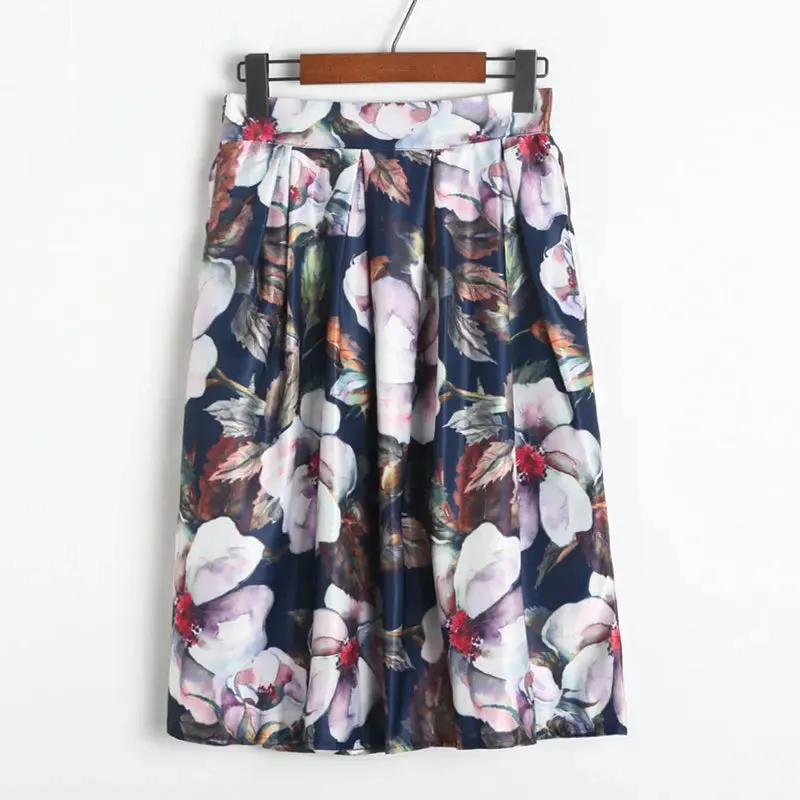 Neophil 2023 Fashion Hot Tropical Floral Print High Waist Fluffy Pleated Saias Flare Satin Tutu Midi Skater Skirts Womens S07047
