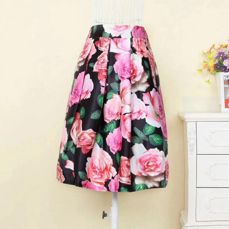 Neophil 2023 Fashion Hot Tropical Floral Print High Waist Fluffy Pleated Saias Flare Satin Tutu Midi Skater Skirts Womens S07047