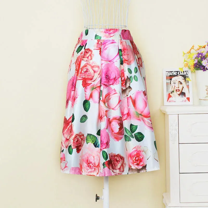 Neophil 2023 Fashion Hot Tropical Floral Print High Waist Fluffy Pleated Saias Flare Satin Tutu Midi Skater Skirts Womens S07047