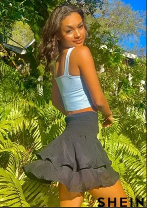 New Shein Smocked High-Rise Flounce Mini Skirt in Mocha Brown, Sz XS!