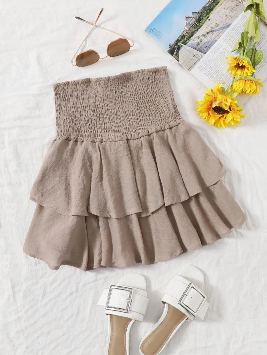 New Shein Smocked High-Rise Flounce Mini Skirt in Mocha Brown, Sz XS!