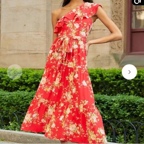 NEW Yumi Kim Malia Floral One-Shoulder Midi Dress XS Red