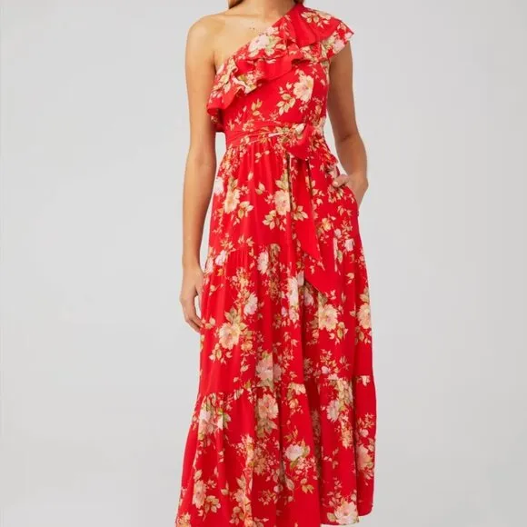 NEW Yumi Kim Malia Floral One-Shoulder Midi Dress XS Red