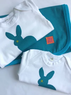Newborn Set - Rabbit Babygrow, Sleepsuit with Mitts & Cotton Blanket - Teal