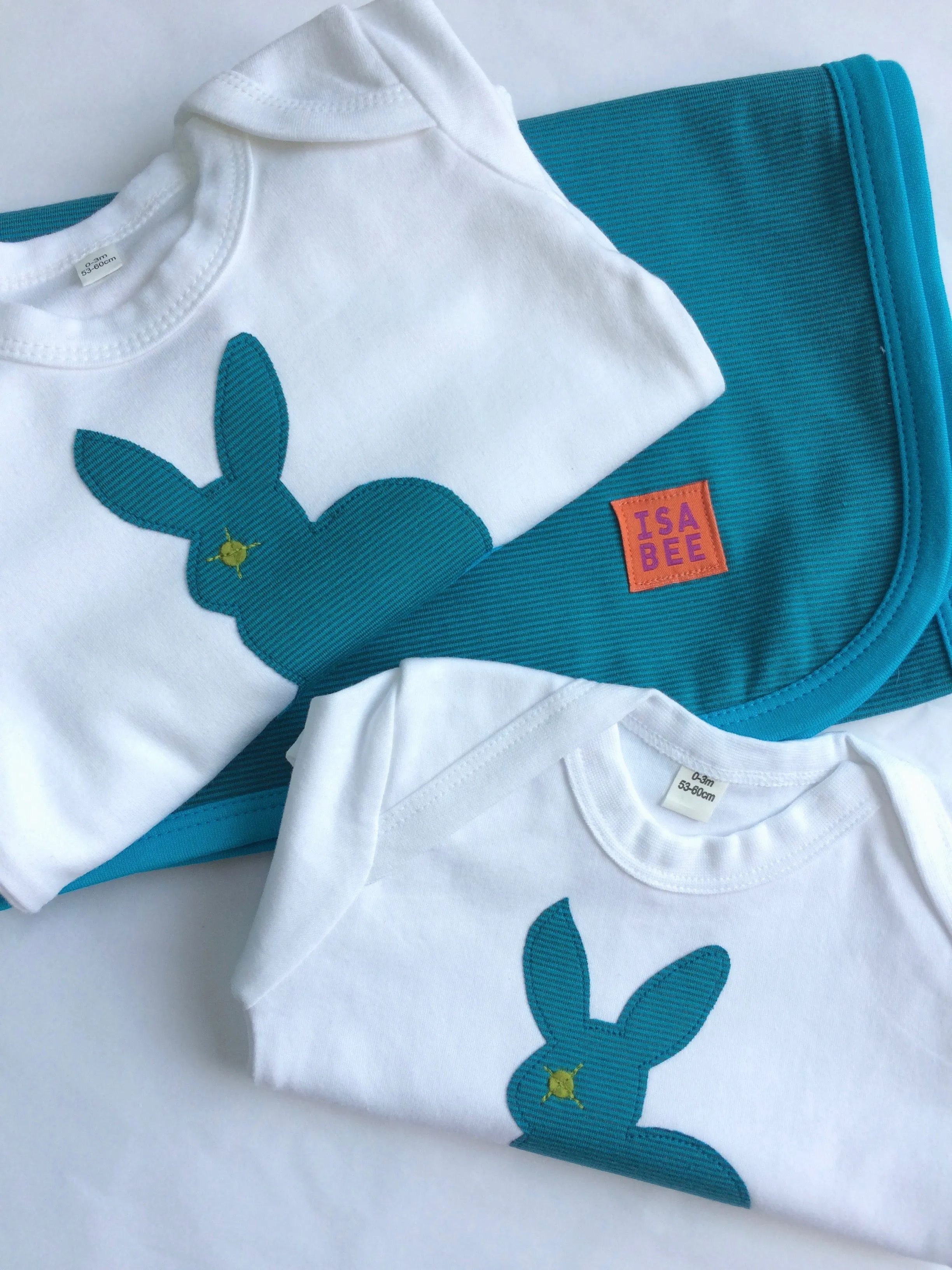 Newborn Set - Rabbit Babygrow, Sleepsuit with Mitts & Cotton Blanket - Teal