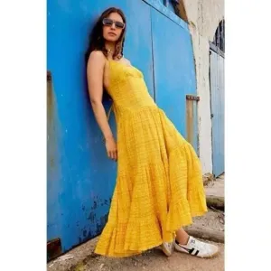 NWOT Free People Marigold Maxi Dress in Tumeric Combo Sz XS Tiered Boho Gauzy