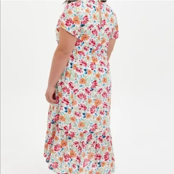 NWT $79 TORRID Multicolored Floral Hi-Lo Short Sleeve Midi Ruffle Dress Sz: 2XL
