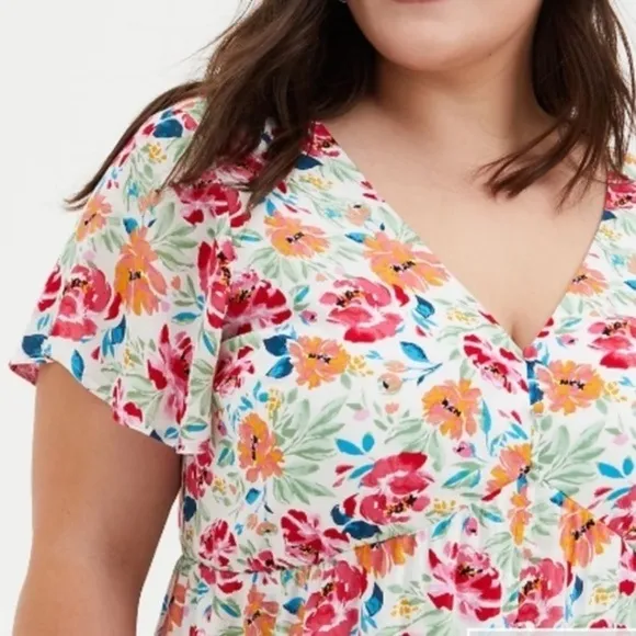 NWT $79 TORRID Multicolored Floral Hi-Lo Short Sleeve Midi Ruffle Dress Sz: 2XL