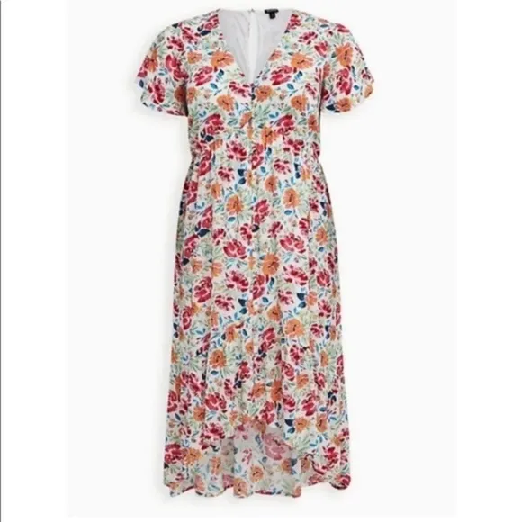 NWT $79 TORRID Multicolored Floral Hi-Lo Short Sleeve Midi Ruffle Dress Sz: 2XL