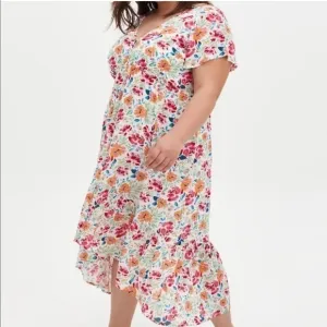 NWT $79 TORRID Multicolored Floral Hi-Lo Short Sleeve Midi Ruffle Dress Sz: 2XL
