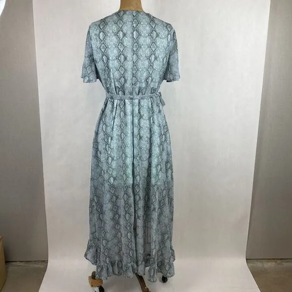 NWT Dee Elly Tie Accent Wrap Dress Snake Print Sheer Maxi