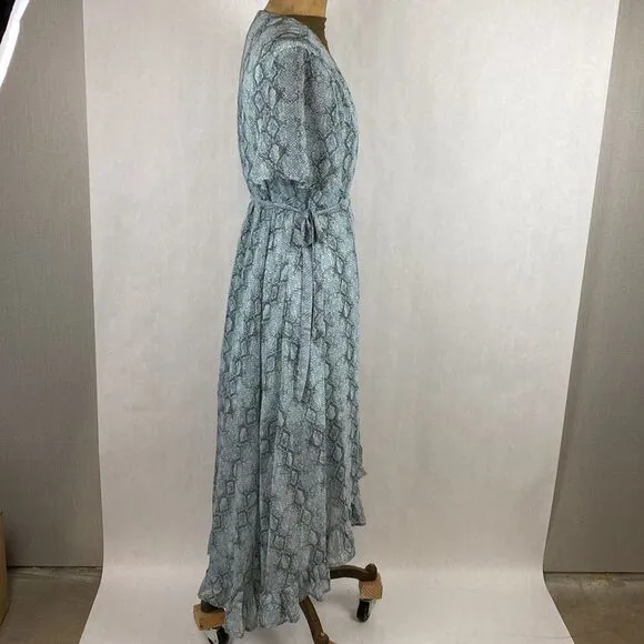 NWT Dee Elly Tie Accent Wrap Dress Snake Print Sheer Maxi