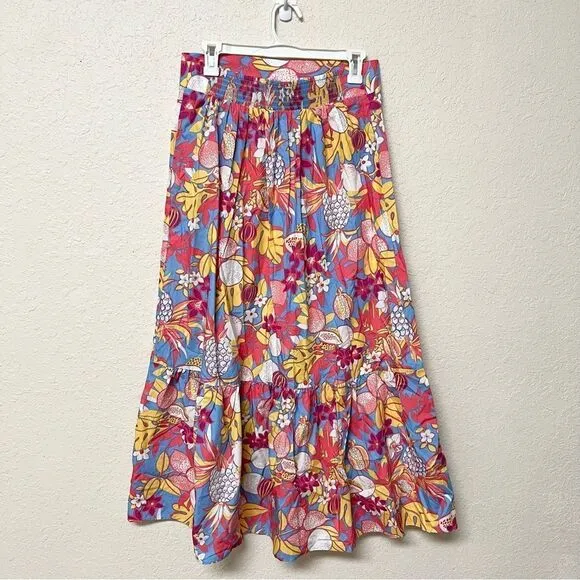 NWT Talbots Maxi Skirt Fruits &amp; Flowers Tiered Poplin Boho Size M Cotton