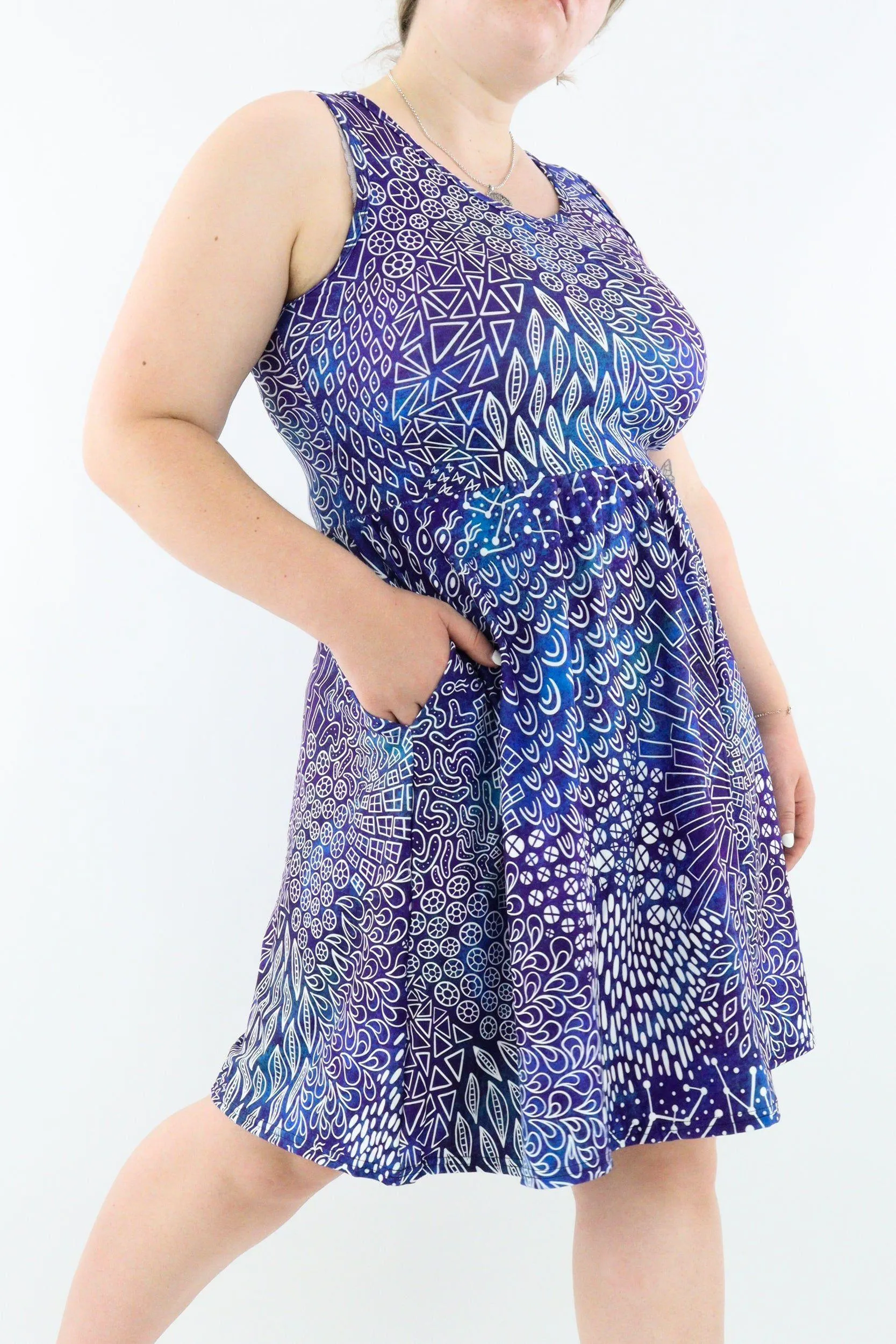 Ocean Motif - Sleeveless Skater Dress - Knee Length - Side Pockets