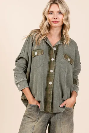 Olive Mineral Washed Plaid Button Down Shacket