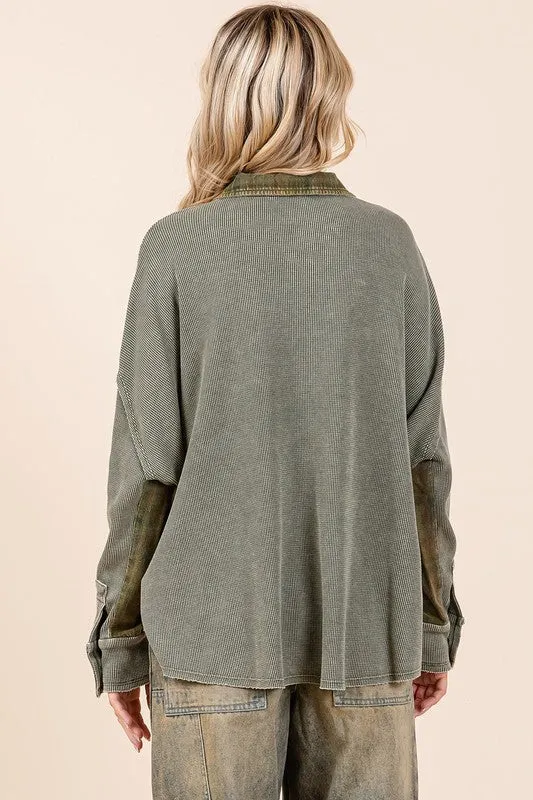 Olive Mineral Washed Plaid Button Down Shacket