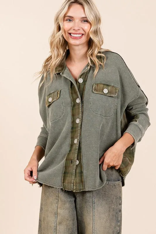 Olive Mineral Washed Plaid Button Down Shacket