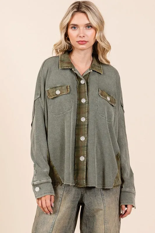 Olive Mineral Washed Plaid Button Down Shacket