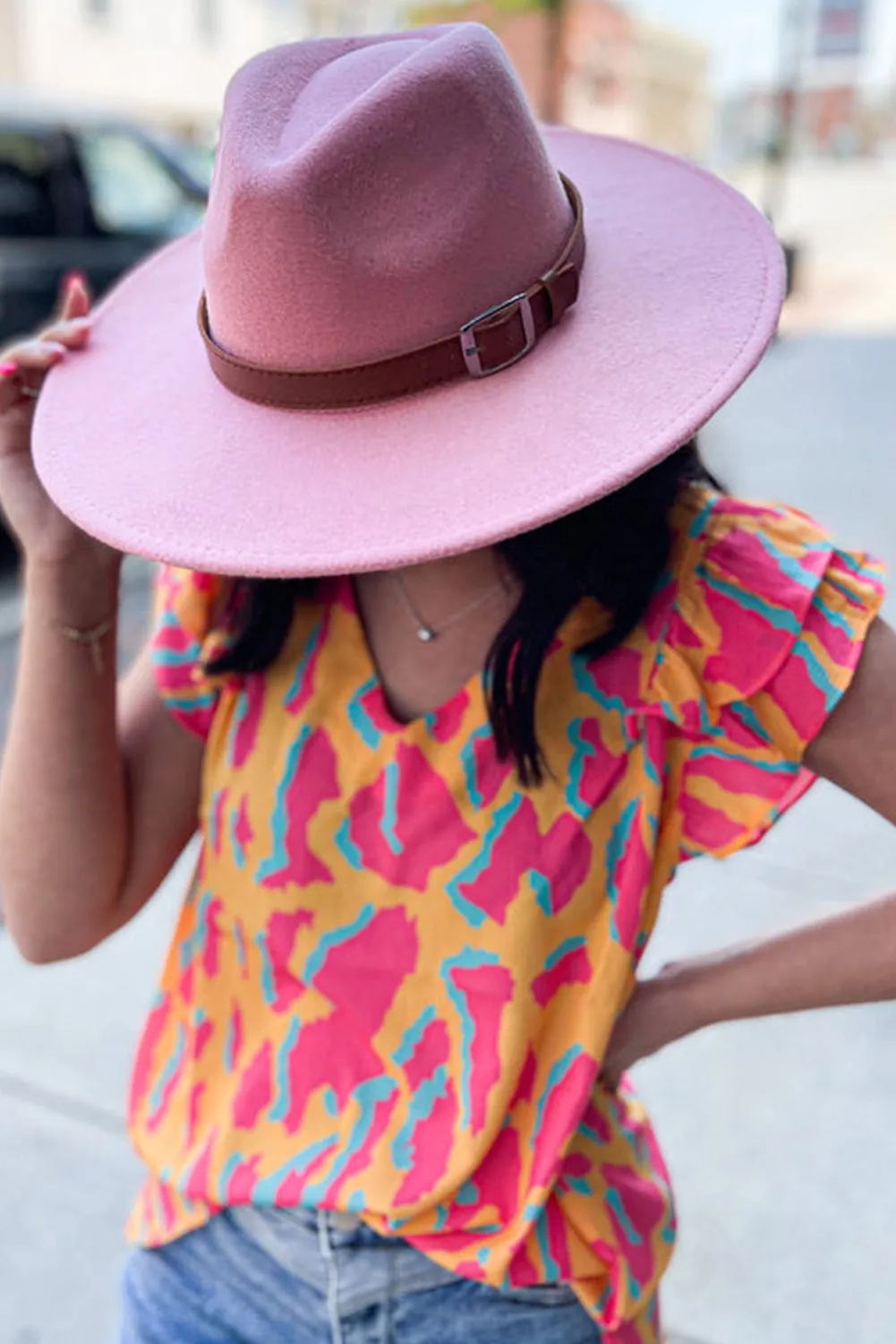 Orange Colorblock Abstract Print V Neck Ruffled Sleeve Blouse
