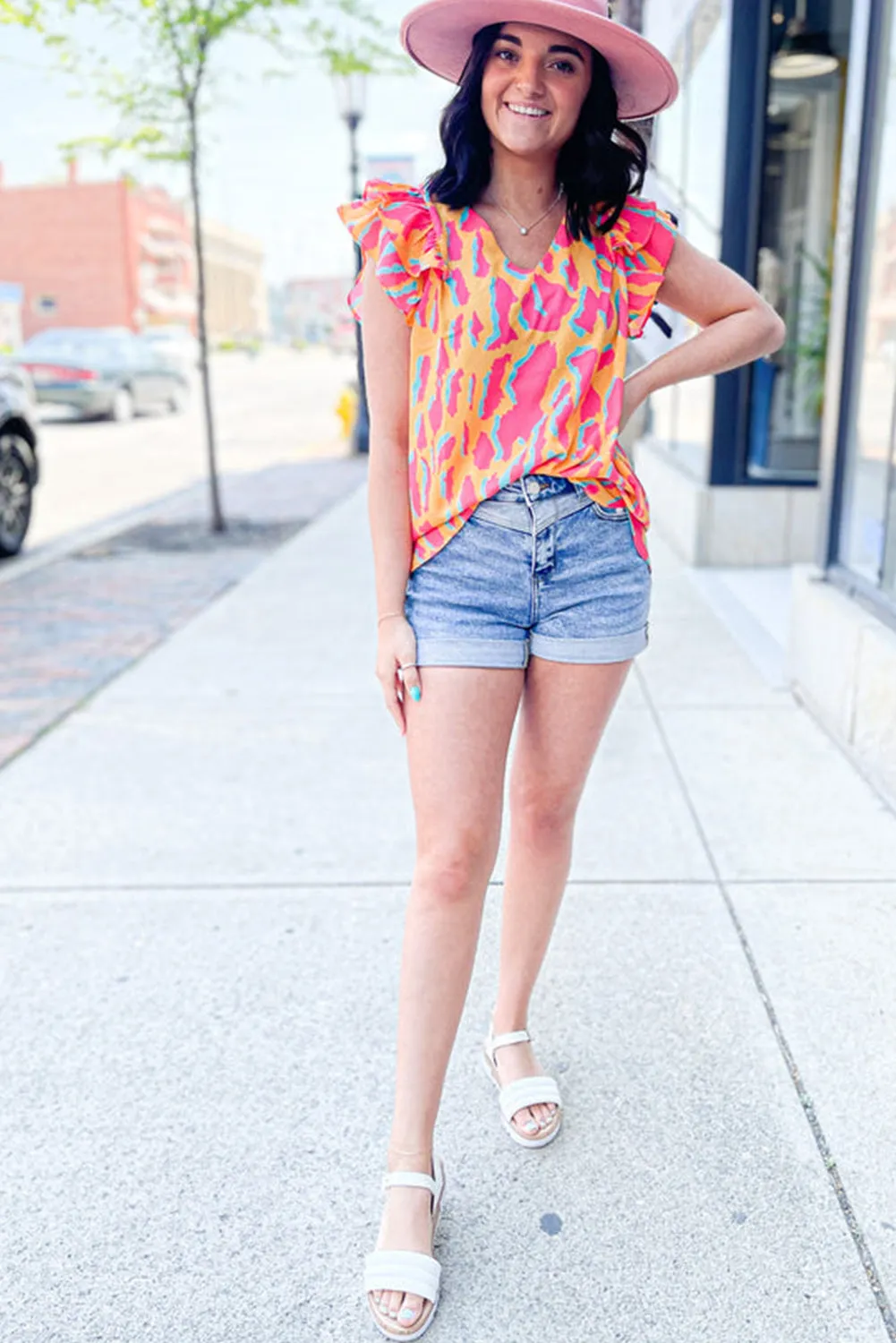 Orange Colorblock Abstract Print V Neck Ruffled Sleeve Blouse