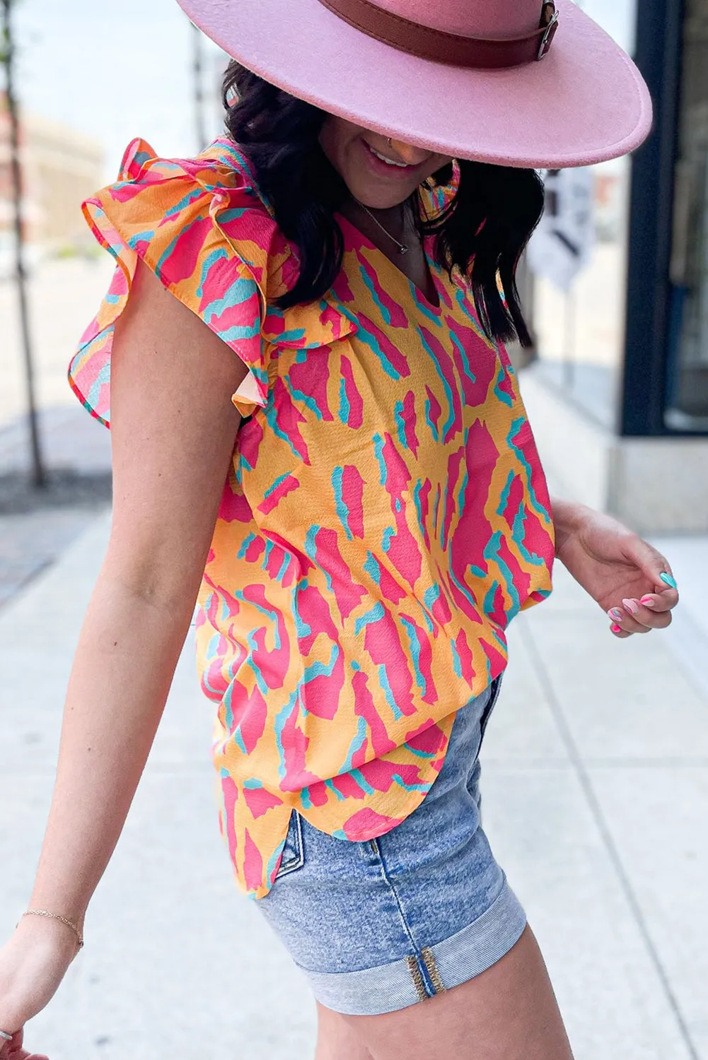 Orange Colorblock Abstract Print V Neck Ruffled Sleeve Blouse