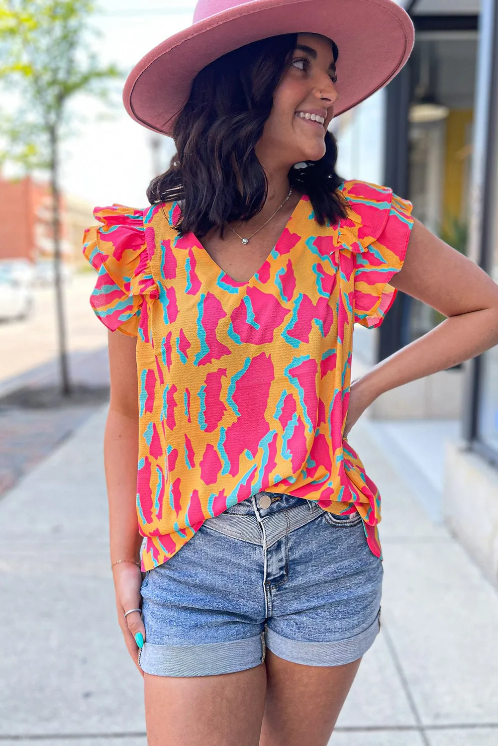 Orange Colorblock Abstract Print V Neck Ruffled Sleeve Blouse