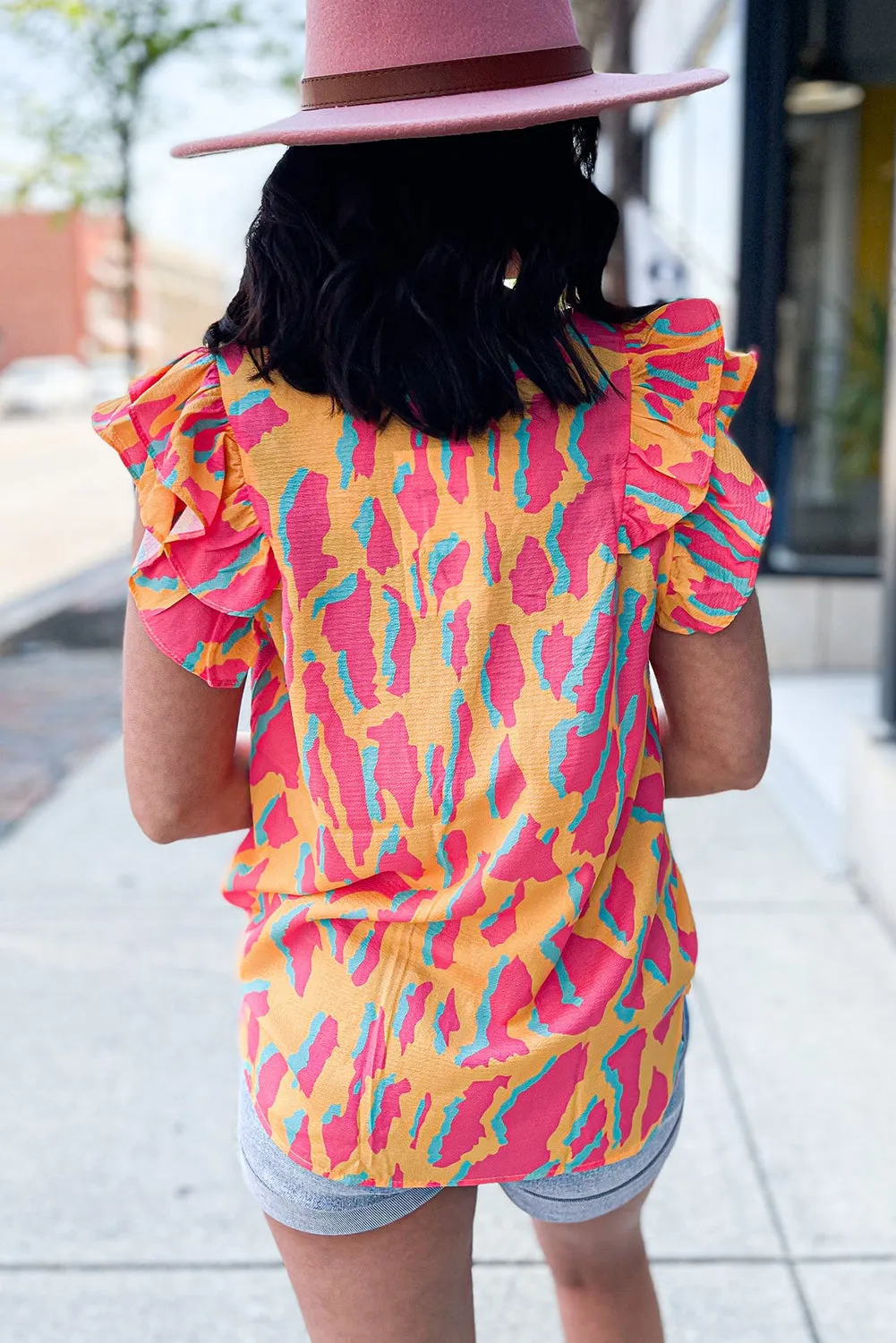 Orange Colorblock Abstract Print V Neck Ruffled Sleeve Blouse