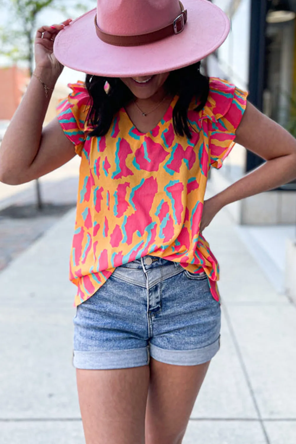 Orange Colorblock Abstract Print V Neck Ruffled Sleeve Blouse