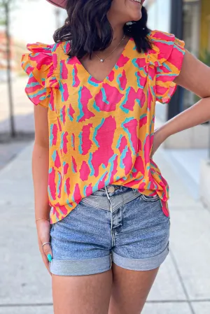 Orange Colorblock Abstract Print V Neck Ruffled Sleeve Blouse