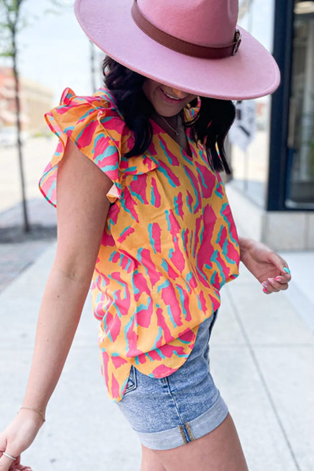 Orange Colorblock Abstract Print V Neck Ruffled Sleeve Blouse