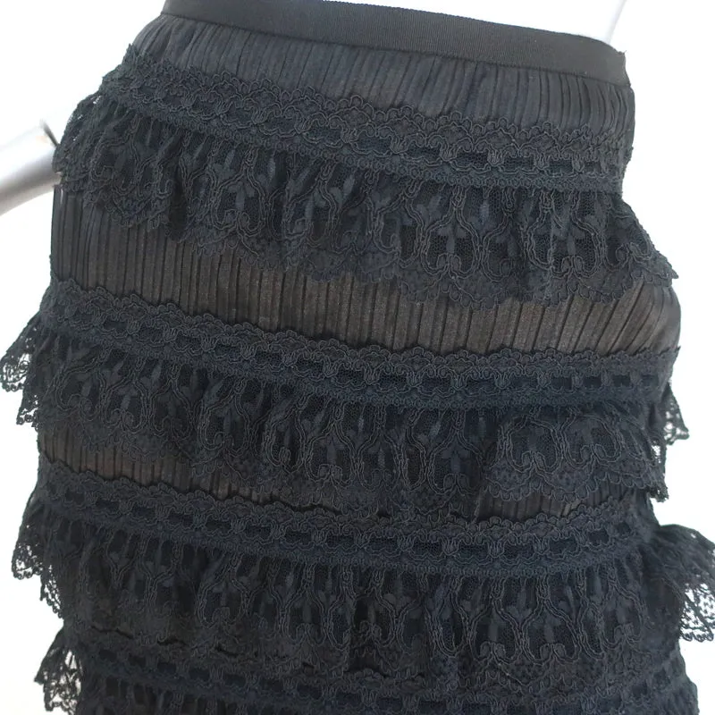 Oscar de la Renta Pencil Skirt Black Ruffled Lace & Pleated Silk Size 2