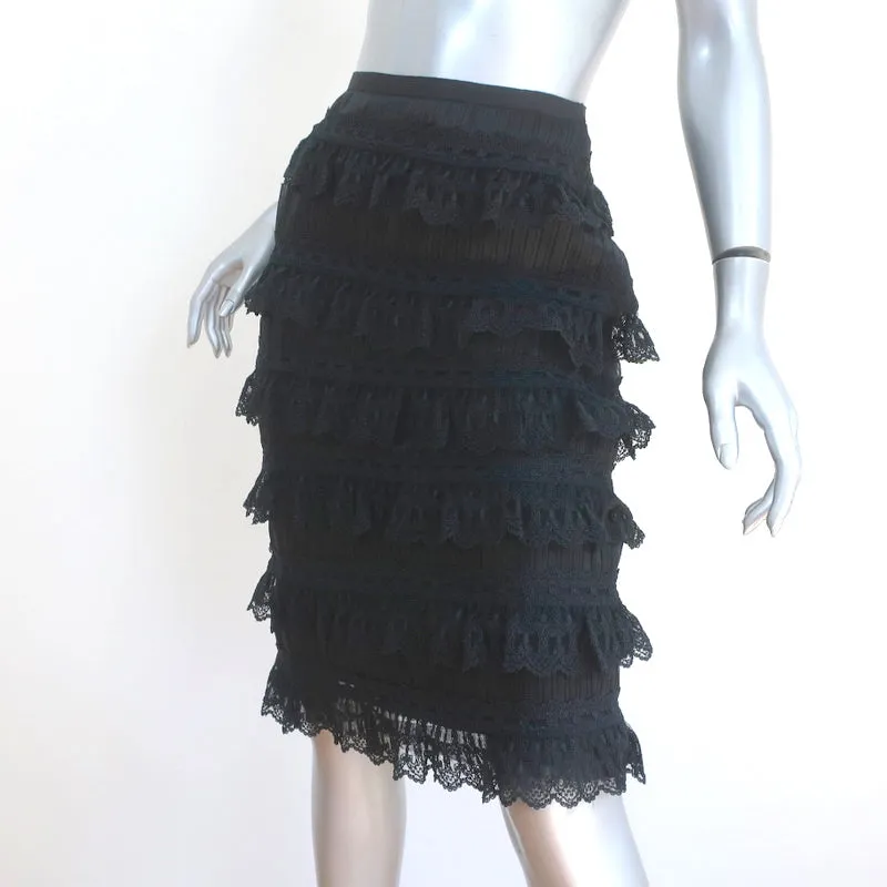 Oscar de la Renta Pencil Skirt Black Ruffled Lace & Pleated Silk Size 2