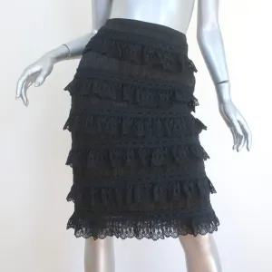 Oscar de la Renta Pencil Skirt Black Ruffled Lace & Pleated Silk Size 2