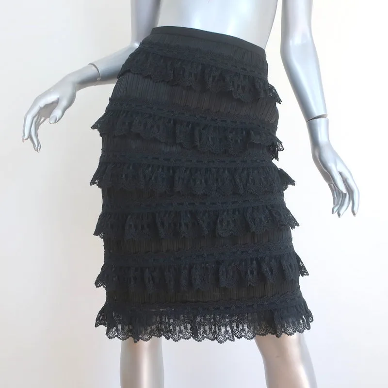 Oscar de la Renta Pencil Skirt Black Ruffled Lace & Pleated Silk Size 2