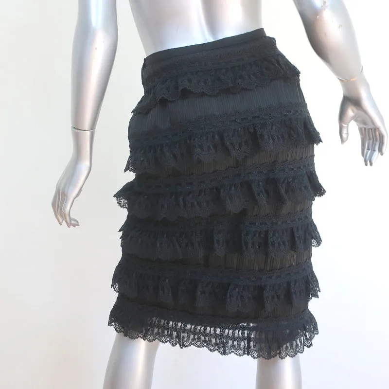 Oscar de la Renta Pencil Skirt Black Ruffled Lace & Pleated Silk Size 2