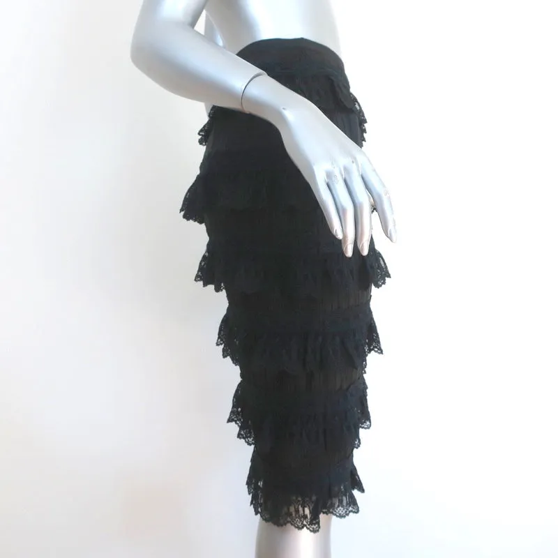 Oscar de la Renta Pencil Skirt Black Ruffled Lace & Pleated Silk Size 2