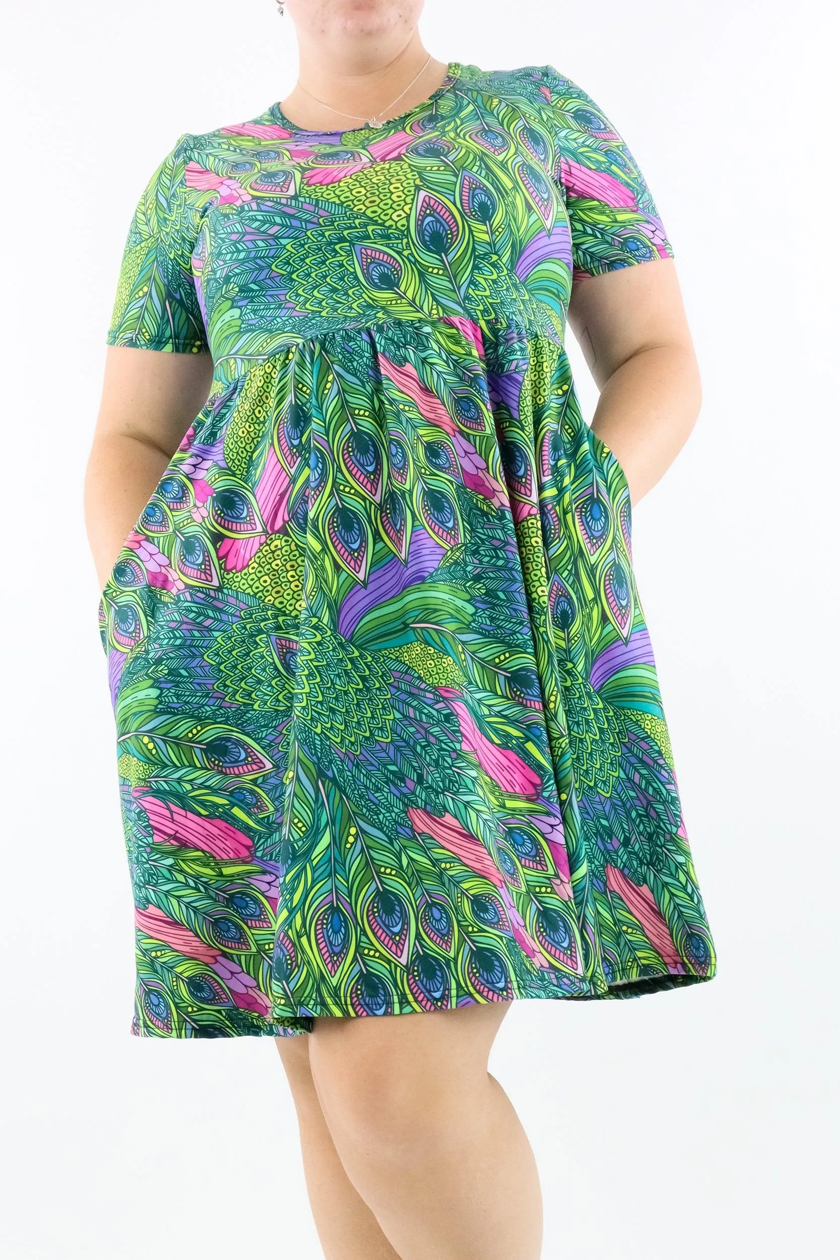Peacock - Short Sleeve Skater Dress - Knee Length - Side Pockets